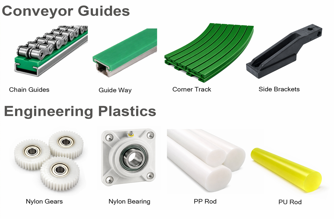 Chain guides, guide way, corner track and side bracket options