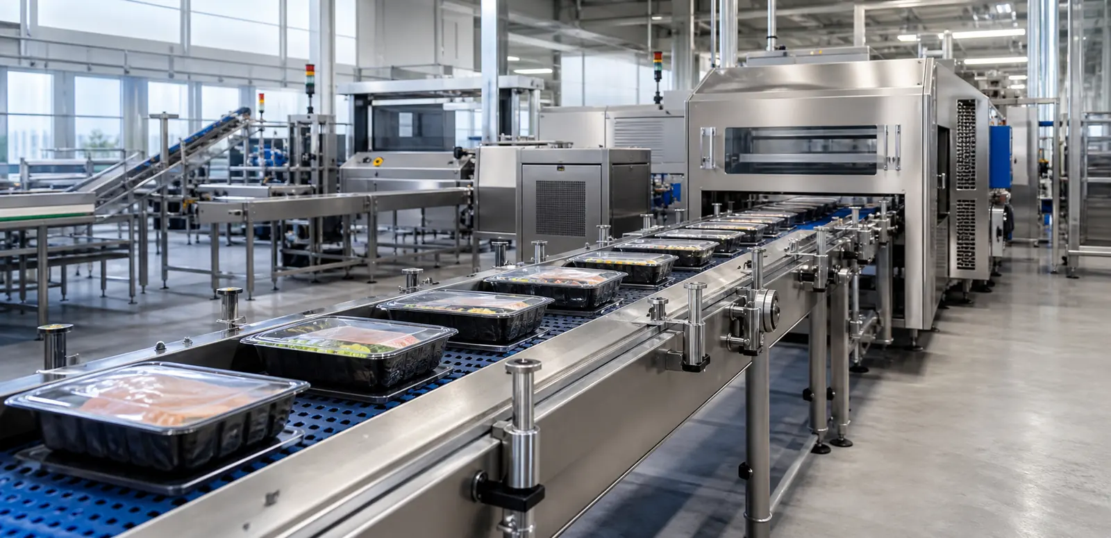 A stainless-steel conveyor connecting stations on a production line